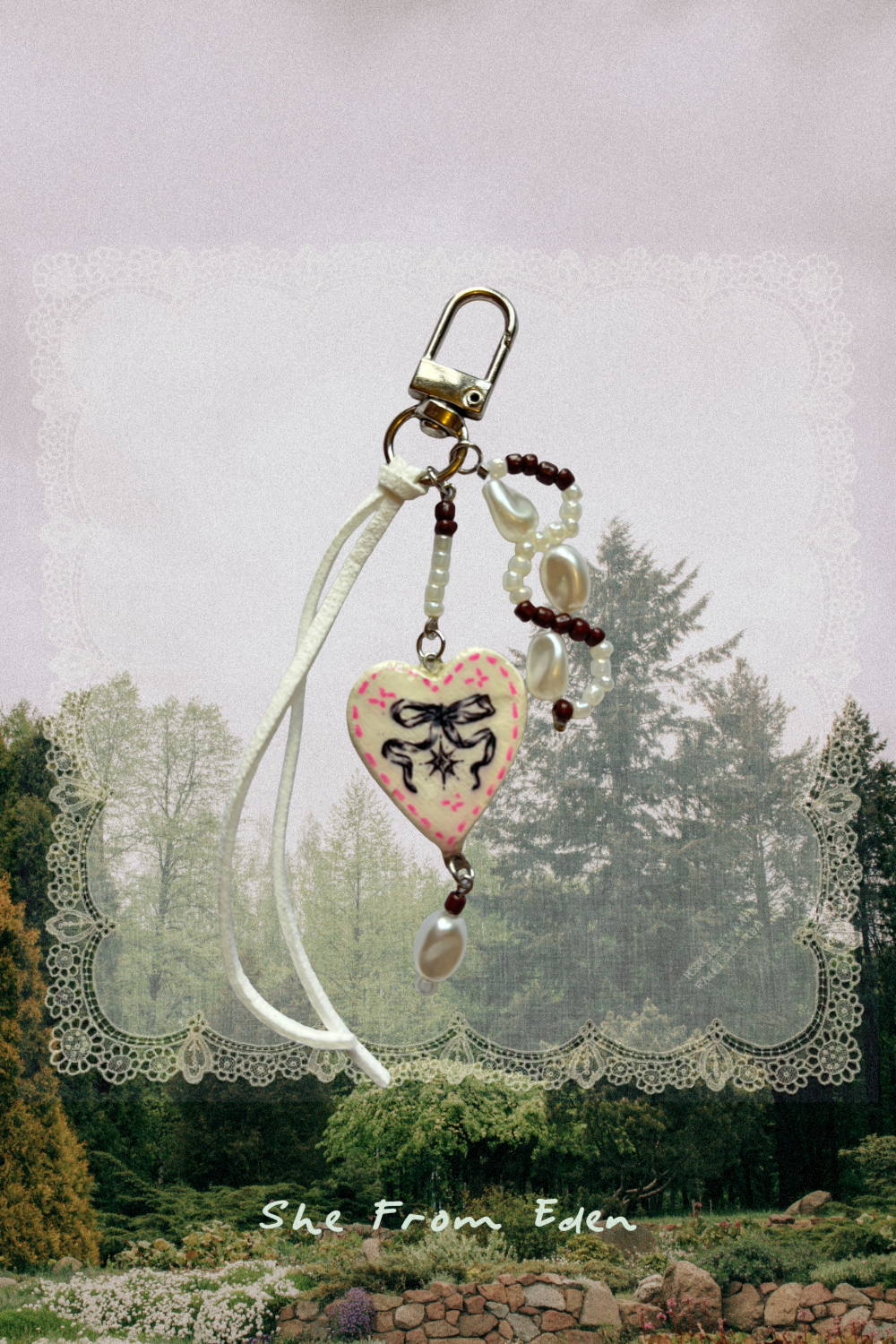 Bow Heart Keychain, Polymer Clay handmade