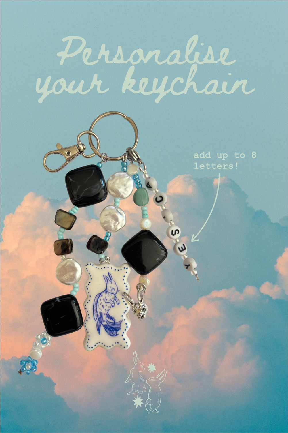 Mermaid Bunny, Handmade clay charm keychain