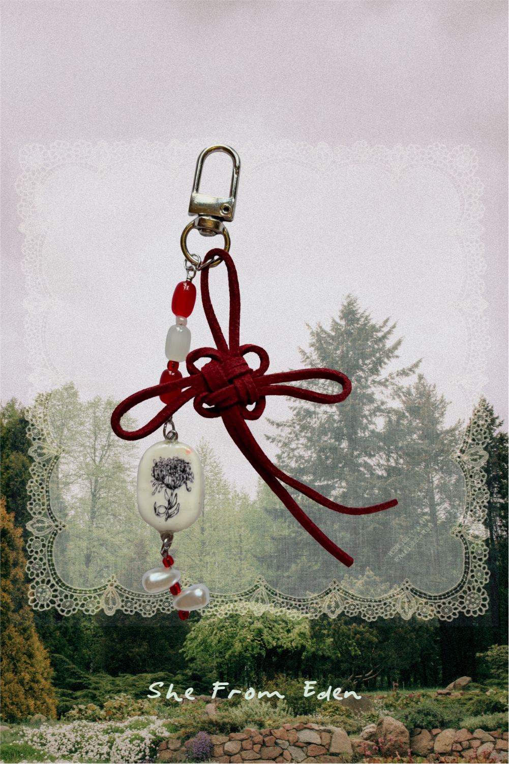 Chrysanthemum with Chinese knot, Handmade clay charm keychain